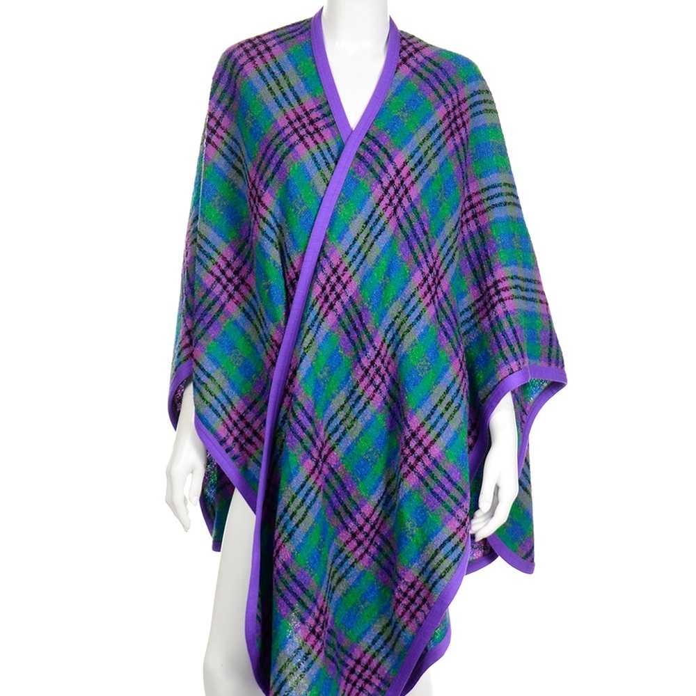 VINTAGE LOUIS FERAUD PURPLE BLUE AND GREEN PLAID WOOL WRAP